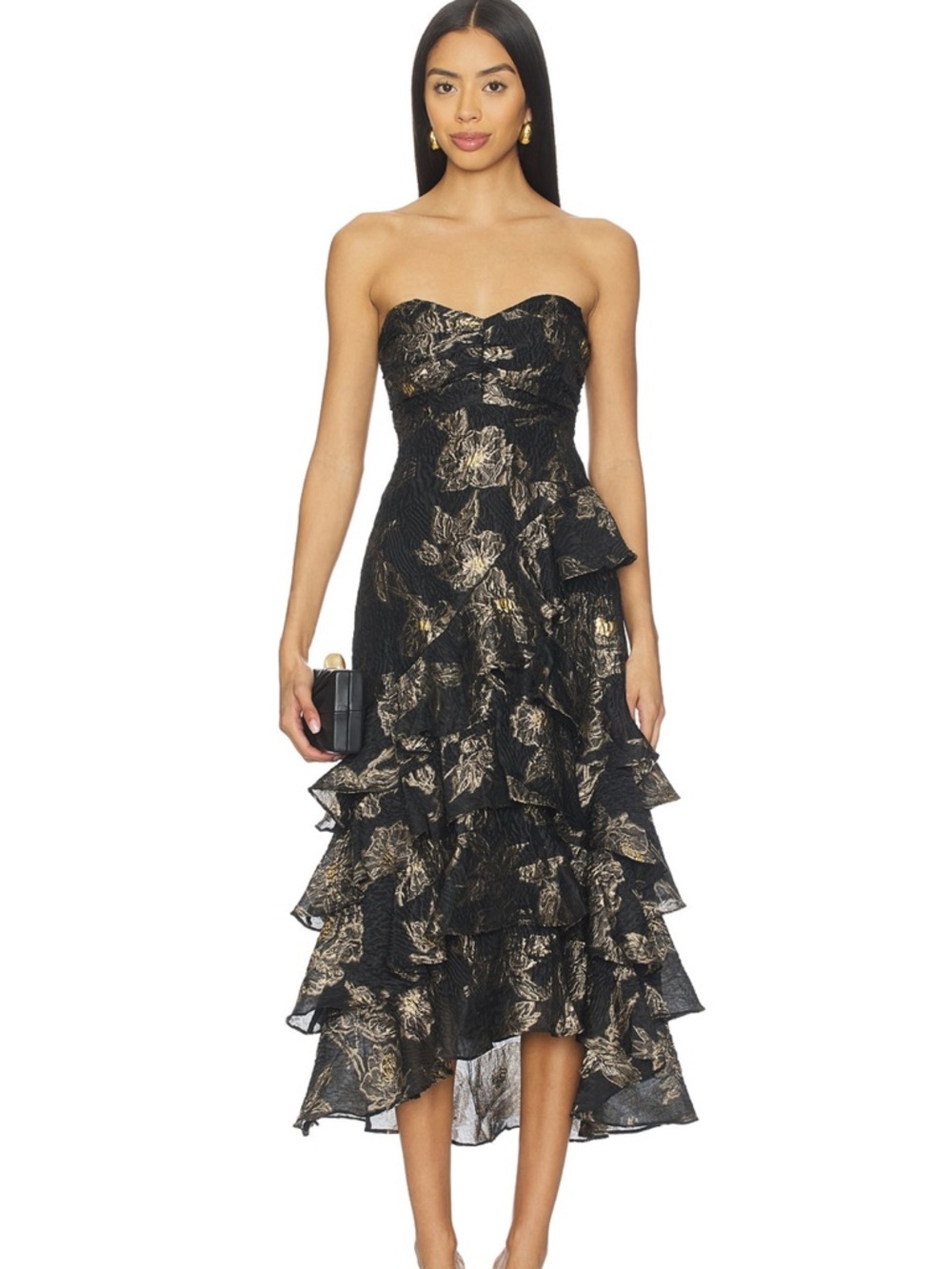 Astr Black Strapless Metallic Gold Floral Ruffle Midi Dress